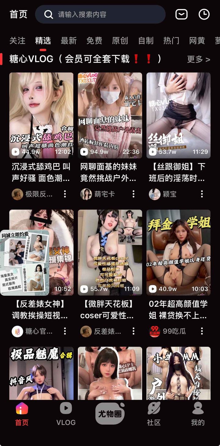 视频首页：搜索框、精选频道与糖心VLOG会员可全套下载横条